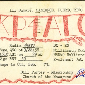 QSL Card from KP4ALC, Santurce, Puerto Rico, to W4ATC, NC State Student Amateur Radio