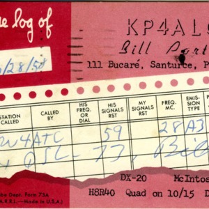 QSL Card from KP4ALC, Santurce, Puerto Rico, to W4ATC, NC State Student Amateur Radio
