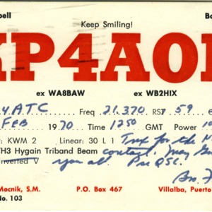 QSL Card from KP4OD, Villaba, Puerto Rico, to W4ATC, NC State Student Amateur Radio