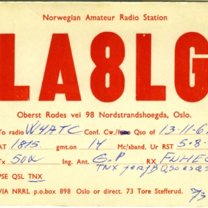 QSL Card from LA8LG, Oslo, Norway, to W4ATC, NC State Student Amateur Radio