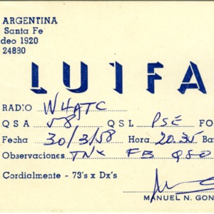 QSL Card from LU1FAE, Santa Fe, Argentina, to W4ATC, NC State Student Amateur Radio