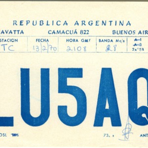 QSL Card from LU5AQ, Buenos Aires, Argentina, to W4ATC, NC State Student Amateur Radio