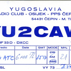 QSL Card from YU2CAW, Osijek Yugoslavia, to W4ATC, NC State Student Amateur Radio