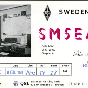 QSL Card from SM5EAC, Mjölby, Sweden, to W4ATC, NC State Student Amateur Radio