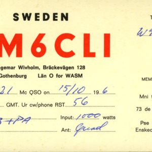 QSL Card from SM6CLI, Gothenburg, Sweden, to W4ATC, NC State Student Amateur Radio