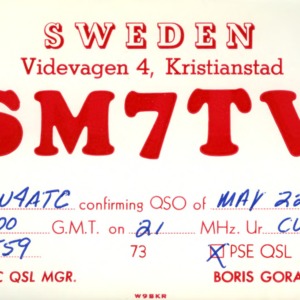 QSL Card from SM7TV, Kristianstad, Sweden, to W4ATC, NC State Student Amateur Radio