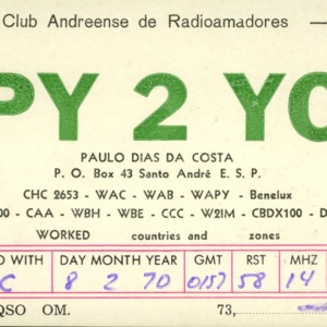 QSL Card from PY2YC, Santo André, Brasil, to W4ATC, NC State Student Amateur Radio
