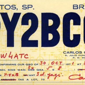 QSL Card from PY2BCQ, Santos, Brazil, to W4ATC, NC State Student Amateur Radio