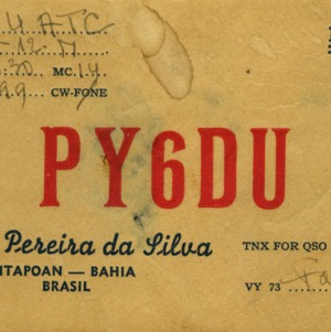 QSL Card from PY6DU, Brasil, to W4ATC, NC State Student Amateur Radio