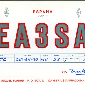QSL Card from EA3SA, Cambrils, Espana, to W4ATC, NC State Student Amateur Radio