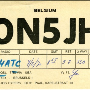 QSL Card from ON5JH, Brussels, Belgium, to W4ATC, NC State Student Amateur Radio