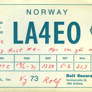 QSL Card from LA4EO, Solberg, Norway, to W4ATC, NC State Student Amateur Radio