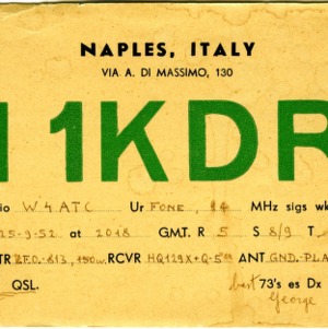 QSL Card from I1KDR, Naples, Italy, to W4ATC, NC State Student Amateur Radio
