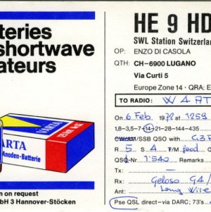 QSL Card from HE9HDE, Lugano, Switzerland, to W4ATC, NC State Student Amateur Radio