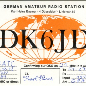 QSL Card from DK6JD, Dusselforf, Germany, to W4ATC, NC State Student Amateur Radio