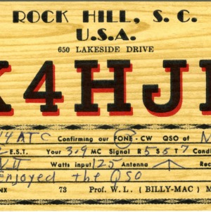 QSL Card from K4HJK, Rock Hill, S.C., to W4ATC, NC State Student Amateur Radio