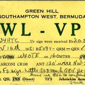 QSL Card from SWL-VP9, Green Hill, Southampton West, Bermuda, to W4ATC, NC State Student Amateur Radio