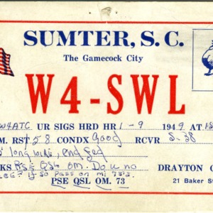 QSL Card from W4-SWL, Sumter, S.C., to W4ATC, NC State Student Amateur Radio