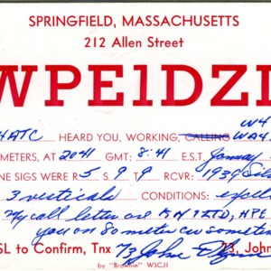 QSL Card from WPE1DZL, Springfield, Mass., to W4ATC, NC State Student Amateur Radio