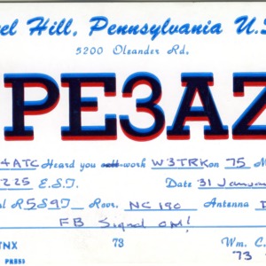 QSL Card from WPE3AZC, Drexel Hill, Pa., to W4ATC, NC State Student Amateur Radio