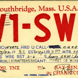 QSL Card from W1-SWL, Southbridge, Mass., to W4ATC, NC State Student Amateur Radio