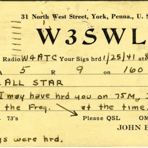 QSL Card from W3SWL, York, Pa., to W4ATC, NC State Student Amateur Radio