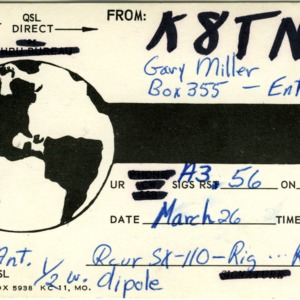 QSL Card from K8TNX, Enterprise, W.V., to W4ATC, NC State Student Amateur Radio