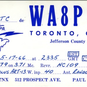 QSL Card from WA8PSZ, Toronto, Ohio, to W4ATC, NC State Student Amateur Radio