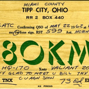 QSL Card from K8OKM, Tipp City, Ohio, to W4ATC, NC State Student Amateur Radio