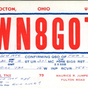 QSL Card from WN8G0T, Coshocton, Ohio, to W4ATC, NC State Student Amateur Radio