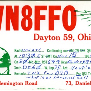 QSL Card from WN8FF0, Dayton, Ohio, to W4ATC, NC State Student Amateur Radio