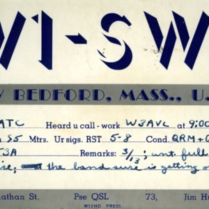 QSL Card from W1-SWL, New Bedford, Mass., to W4ATC, NC State Student Amateur Radio