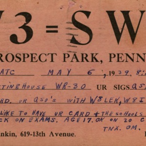 QSL Card from W3=SWL, Prospect Park, Pa., to W4ATC, NC State Student Amateur Radio