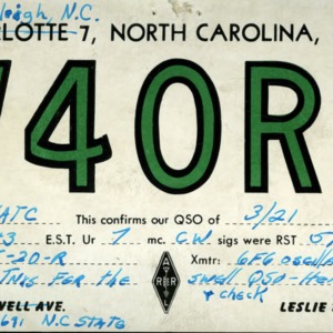 QSL Card from W4ORZ, Raleigh, N.C., to W4ATC, NC State Student Amateur Radio