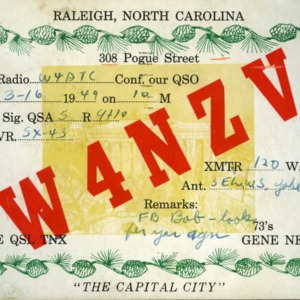 QSL Card from W4NZV, Raleigh, N.C., to W4ATC, NC State Student Amateur Radio