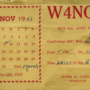 QSL Card from W4NOV, Apex, N.C., to W4ATC, NC State Student Amateur Radio