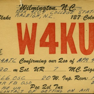 QSL Card from W4KUO, Raleigh, N.C., to W4ATC, NC State Student Amateur Radio