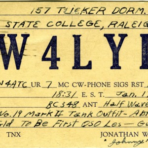 QSL Card from W4LYI/4, Raleigh, N.C., to W4ATC, NC State Student Amateur Radio