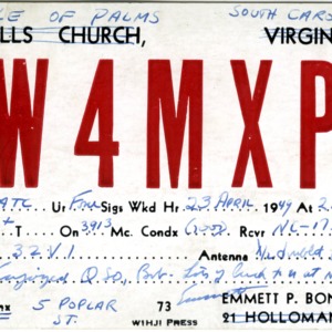 QSL Card from W4MXP, Isle of Palms, S.C., to W4ATC, NC State Student Amateur Radio