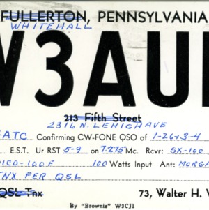 QSL Card from W3AUE, Whitehall, Pa., to W4ATC, NC State Student Amateur Radio