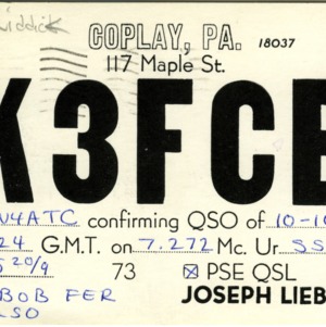 QSL Card from K3FCB, Coplay, Pa., to W4ATC, NC State Student Amateur Radio