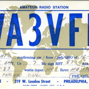 QSL Card from WA3VFM, Philadelphia, Pa., to W4ATC, NC State Student Amateur Radio