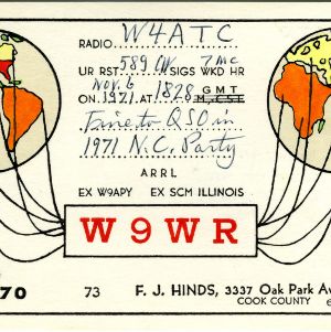QSL Card from W9WR, Berwyn, Ill., to W4ATC, NC State Student Amateur Radio