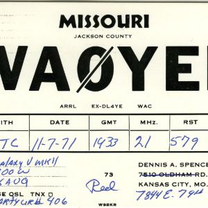 QSL Card from WA0YEF, Kansas City, Mo., to W4ATC, NC State Student Amateur Radio