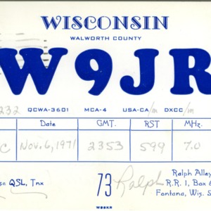 QSL Card from W9JR, Fontana, Wis., to W4ATC, NC State Student Amateur Radio