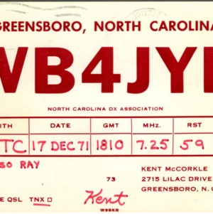 QSL Card from WB4JYB, Greensboro, N.C., to W4ATC, NC State Student Amateur Radio