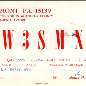 QSL Card from W3SMX, Oakmont, Pa., to W4ATC, NC State Student Amateur Radio