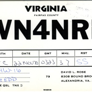QSL Card from WN4NRL, Alexandria, Va., to W4ATC, NC State Student Amateur Radio