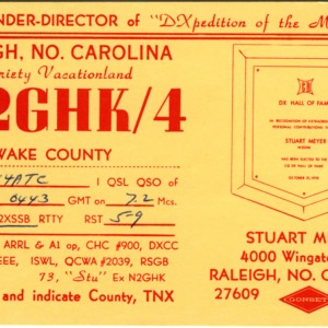 QSL Card from W2GHK/4, Raleigh, N.C., to W4ATC, NC State Student Amateur Radio