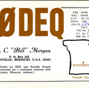 QSL Card from K0DEQ, Waynesville, Mo., to W4ATC, NC State Student Amateur Radio